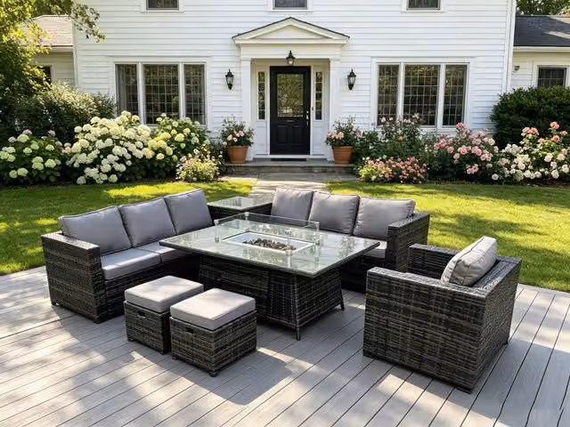Fimous Dark Grey L-Shape Rattan Garden Corner Furniture Set with Gas Fire Pit Table, Lounge Armchairs and Upholstered Cushions – 1