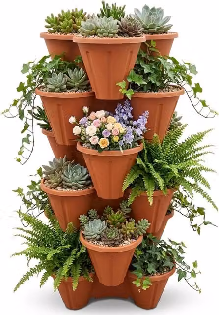 Storm Trading Group Set of 6 Brown Terracotta Trio 3 Pot Strawberry Stacking Planters for Herbs and Flowers