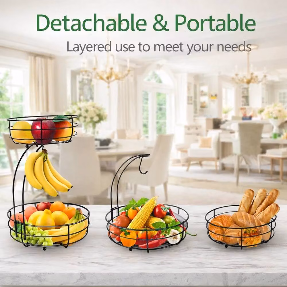 Havendro Black 2-Tier Metal Fruit Basket with Banana Hanger – 2