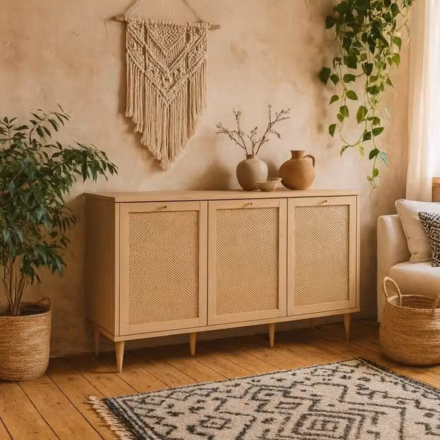 Wyld Haus Mallowmoss 3 Door Rattan and Light Wood Sideboard in Beige and Sand – 1