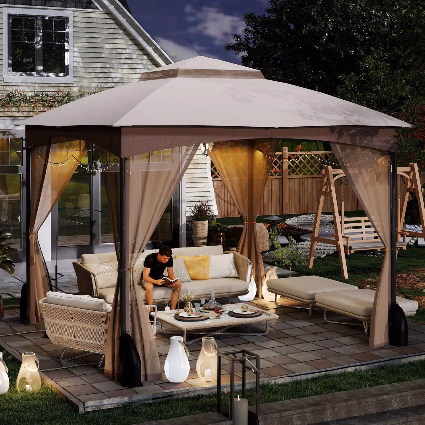 Gymax Gazebo with Netting Walls and Double Roof Canopy in Light Beige, W/D/H: 296 x 296 x 250 cm – 5