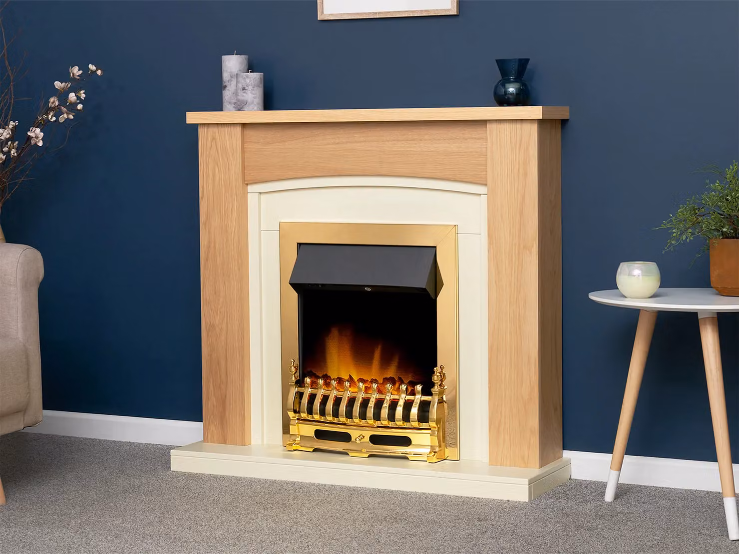 Adam Fires & Fireplaces Chilton Fireplace in Oak and Cream with Blenheim Electric Fire in Brass and Metallic Gold – 2