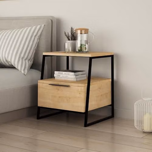 FWStyle Modern Oak 1 Drawer Bedside Table with Black Metal in Brown – 5