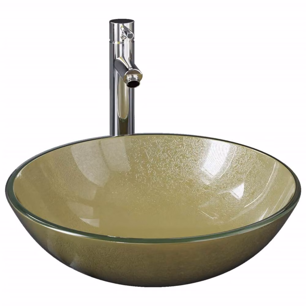 Berkfield Home Gold Tempered Glass Round Countertop Bathroom Sink with Tap and Push Drain – 2
