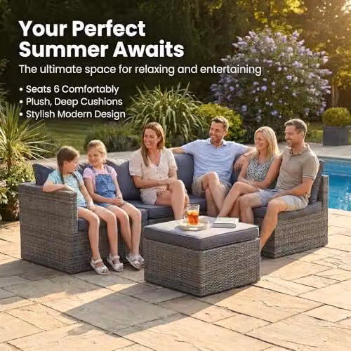 Bravich 6 Seater Grey Polyrattan L Shape Garden Furniture Set with Ottoman and Cushions – 2
