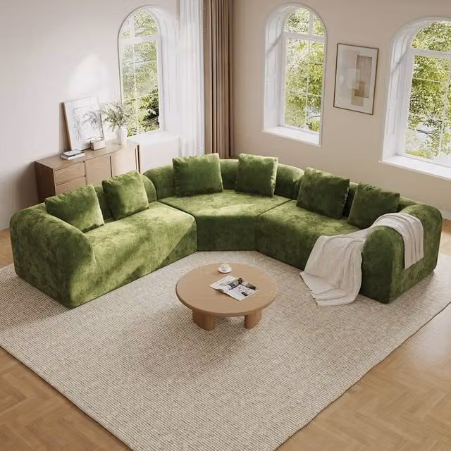 Dprodo Modular L-Shaped Chenille Corner Sofa in Green with Scatter Cushions