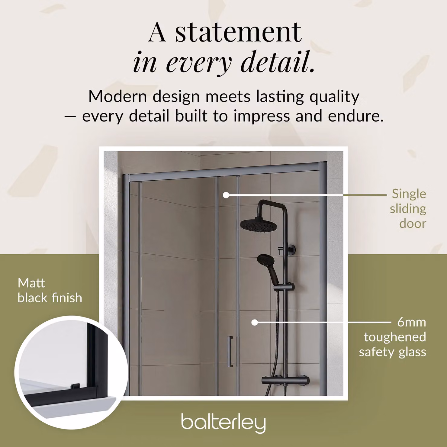 Balterley 6mm Toughened Safety Glass Sliding Shower Door, Black, W: 120 cm, H: 190 cm – 4