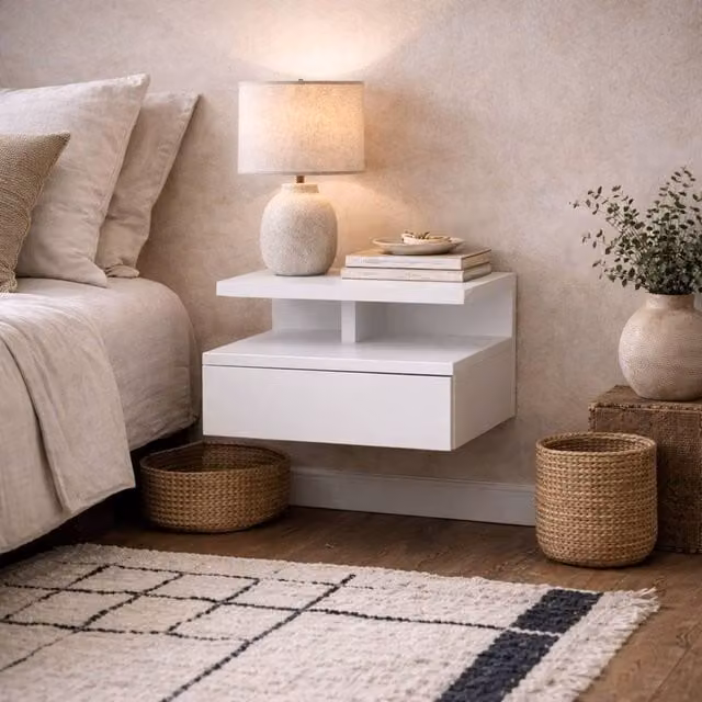 Wyld Haus Lincoln White Wooden Floating Bedside Table with 1 Drawer and Open Shelf