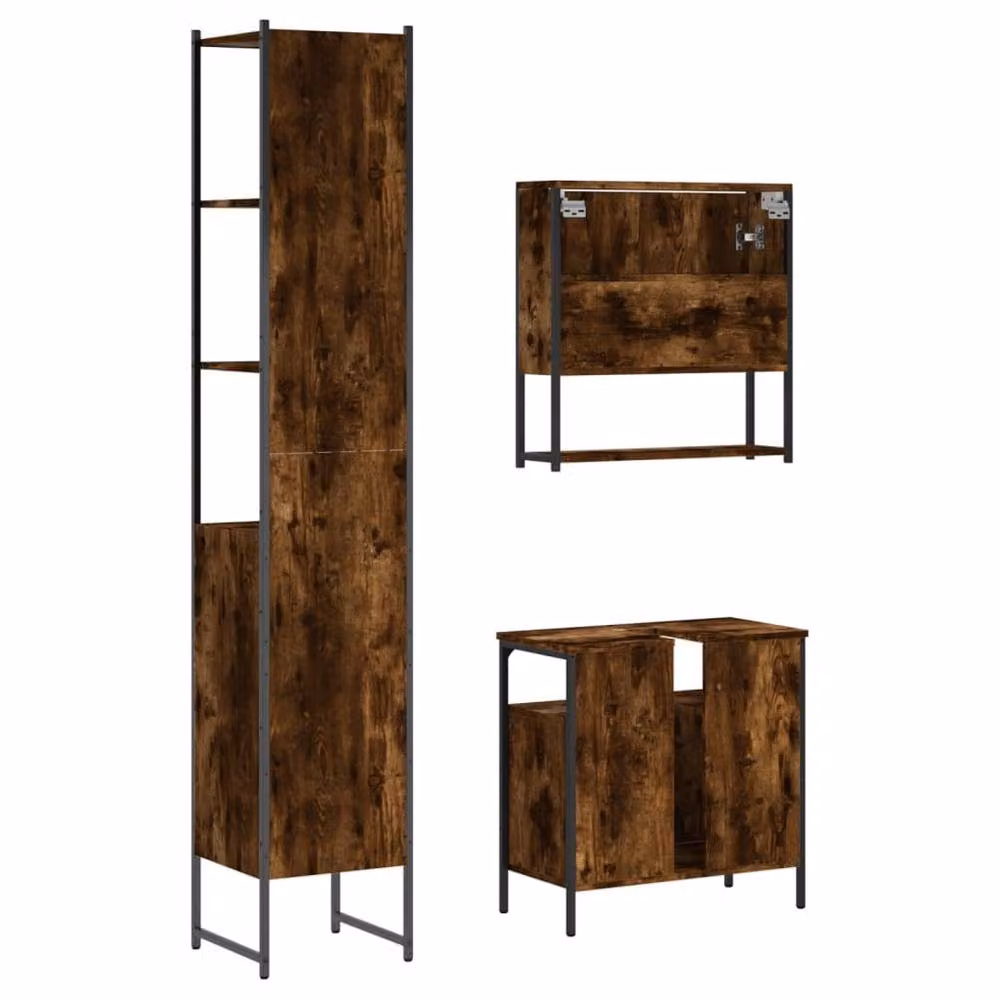 Berkfield Home 3 Piece Industrial Bathroom Furniture Set in Brown Smoked Oak – 3