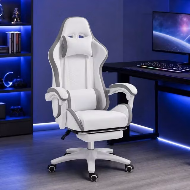 STILVORA White Gaming Chair with Footrest, Reclining Back and Headrest – 1