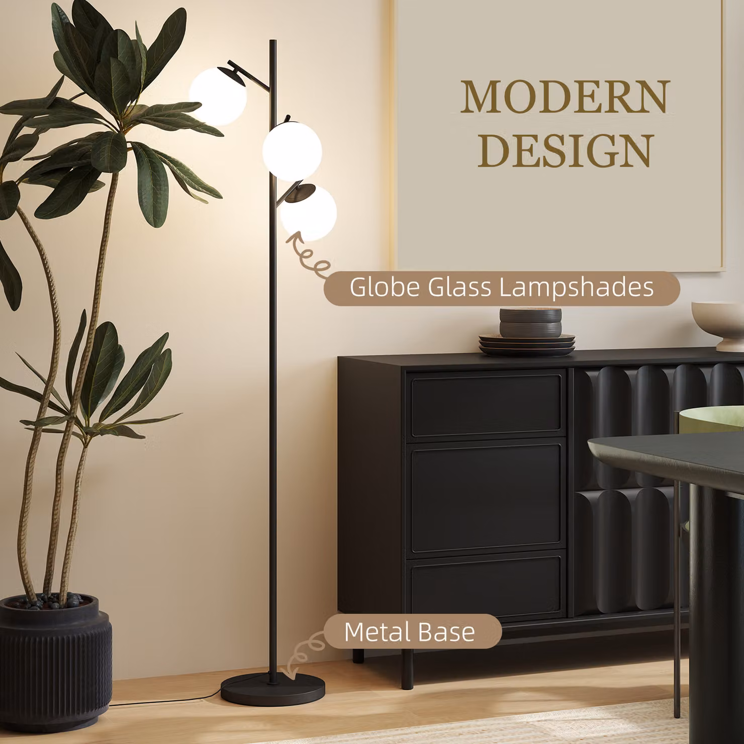 HOMCOM Modern 3-Light Tree Floor Lamp with Black Metal Base and White Glass Globe Shades – 3