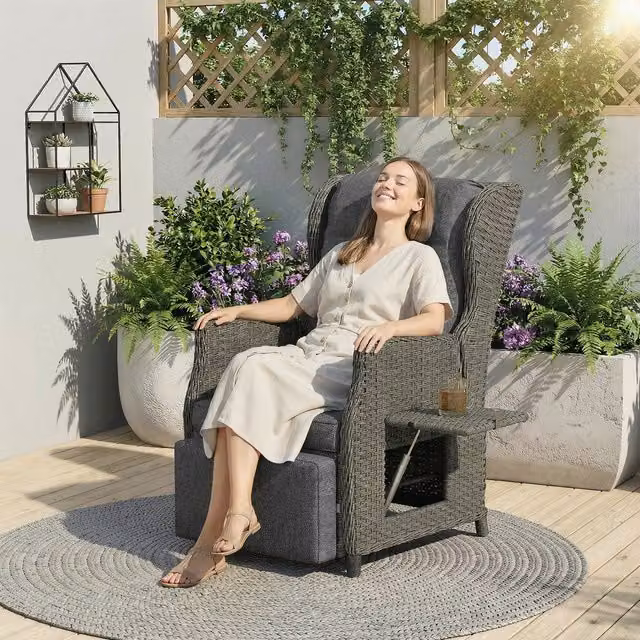 Outsunny Rattan Garden Recliner Chair with Side Tray and Armrests in Dark Grey