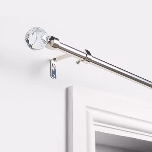 OHS Silver Crystal Ball Extendable Metal Curtain Pole with Brackets and Finials, 120-220 cm