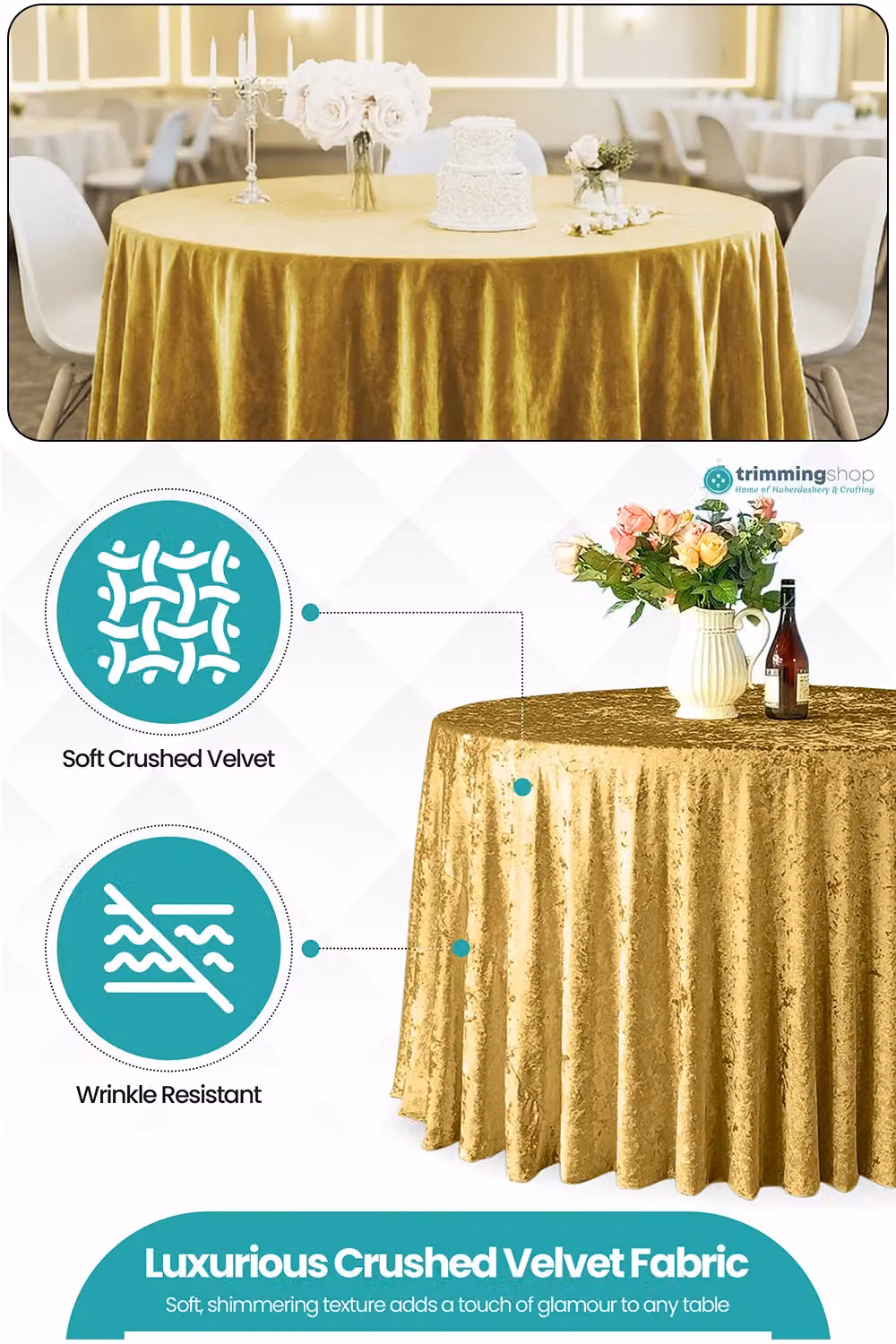 Neel Blue Diamond Velvet Round Tablecloth in Blue and Gold, Diameter: 304.8 cm – 2