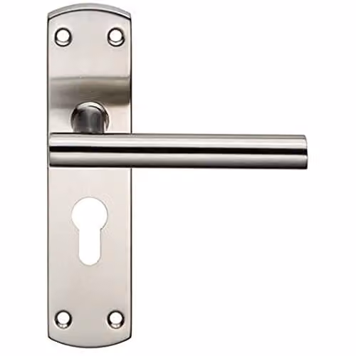 Loops Mitred T-Bar Lever Door Handle on Euro Lock Backplate, Brushed Stainless Steel, W: 17.2 cm, H: 4.4 cm
