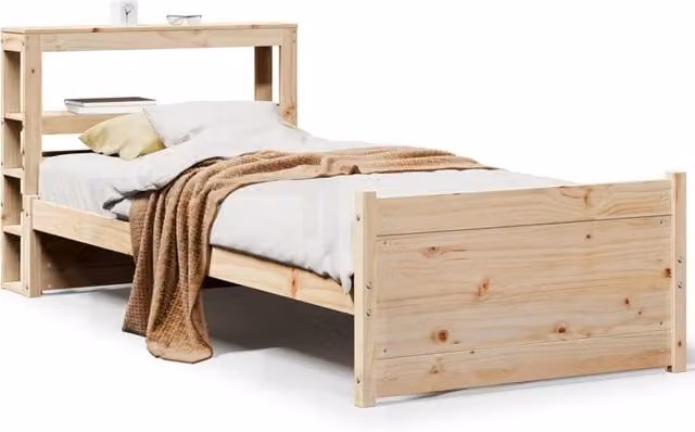 Berkfield Home Small Single Bed Frame with Headboard and Bedside Shelf in Beige Pine Wood, W: 75 cm, L: 190 cm – 1