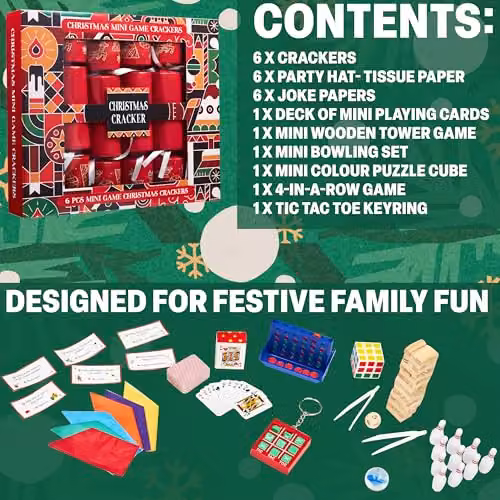 KreativeKraft Christmas Crackers Pack of 6 with Mini Games or Wind Up Toys in Red and Multicolour – 5