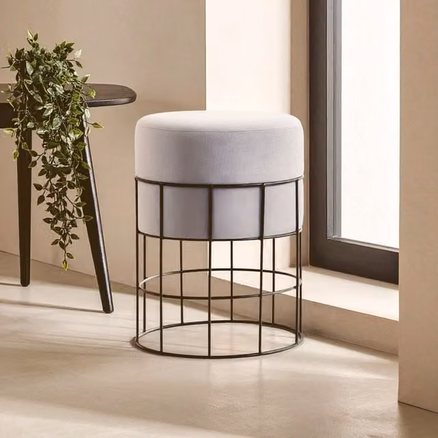 Orsina Grey Velvet Round Stool with Black Metal Cage Base