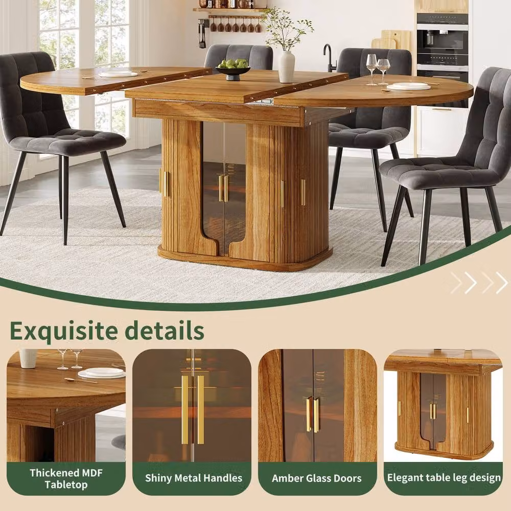 BTM Extendable Round Dining Table in Walnut Brown with Glass Top, Diameter: 118-158 cm, Height: 75 cm – 5