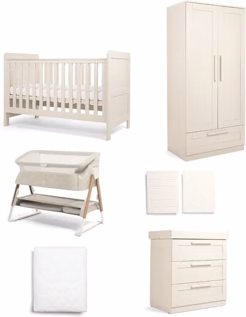 Mamas & Papas Atlas Nursery Bundle with Lua Bedside Crib, 6 Piece, Stone/Beige