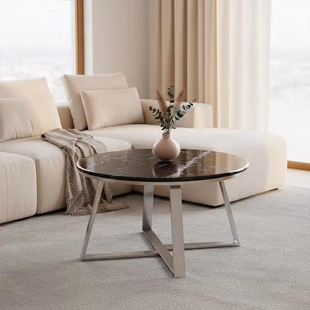 Orsina Round Coffee Table with Black Marble Top and Silver Finish, W/D/H: 80 x 80 x 45 cm