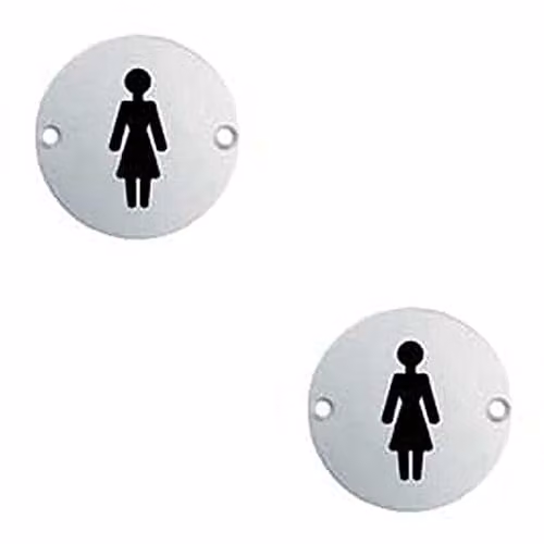 Loops 2 Pack Female Symbol Bathroom Door Sign, Polished Stainless Steel, Diameter: 76 mm, Fixing Centres: 64 mm