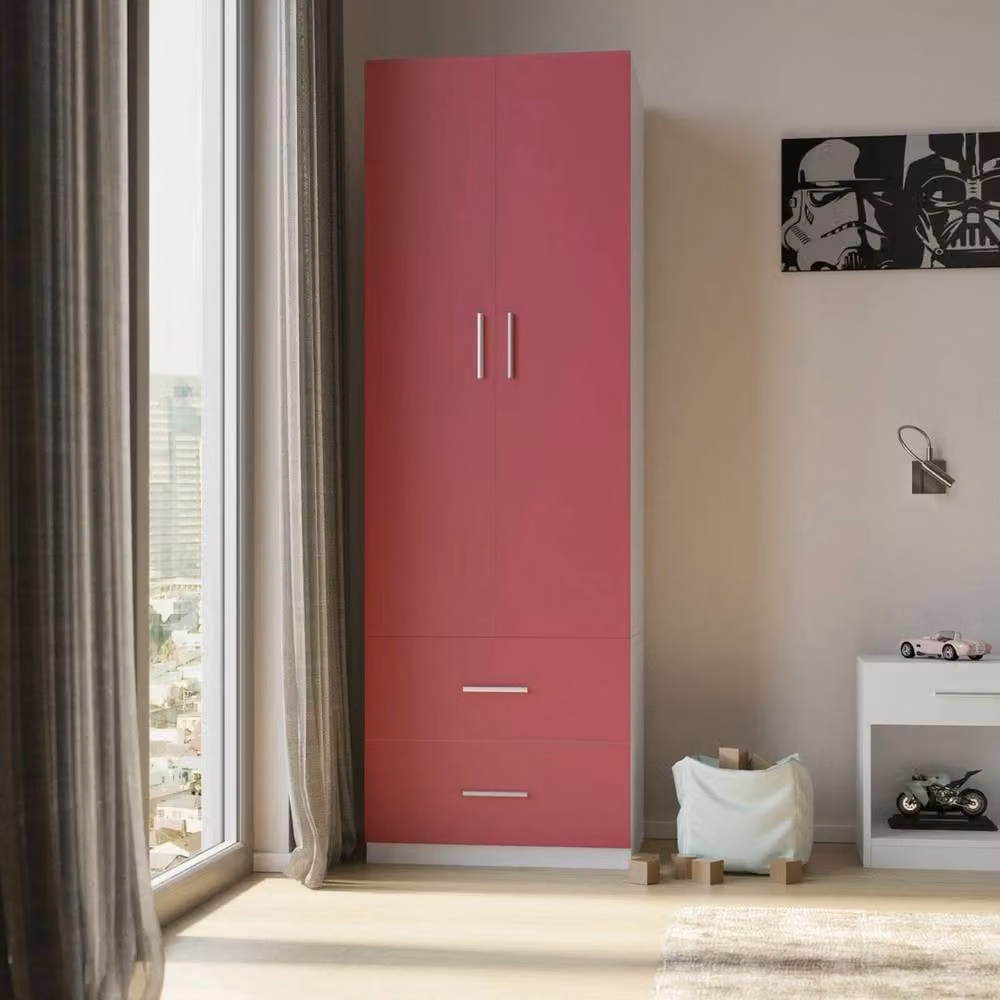FORGEVIO Pink Wooden Compact Wardrobe with 2 Doors and 2 Integrated Drawers – 2