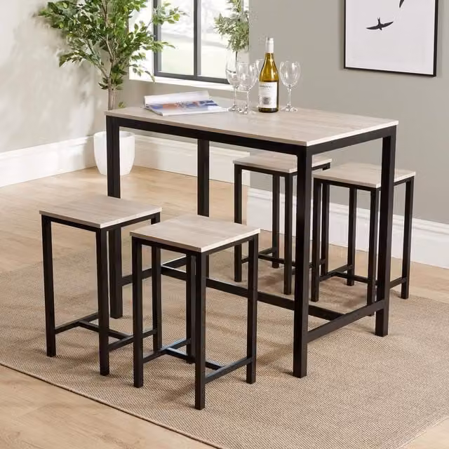 Home Source 5 Piece Industrial Dining Set with Metal Frame and MDF Top in Light Oak, Grey and Black