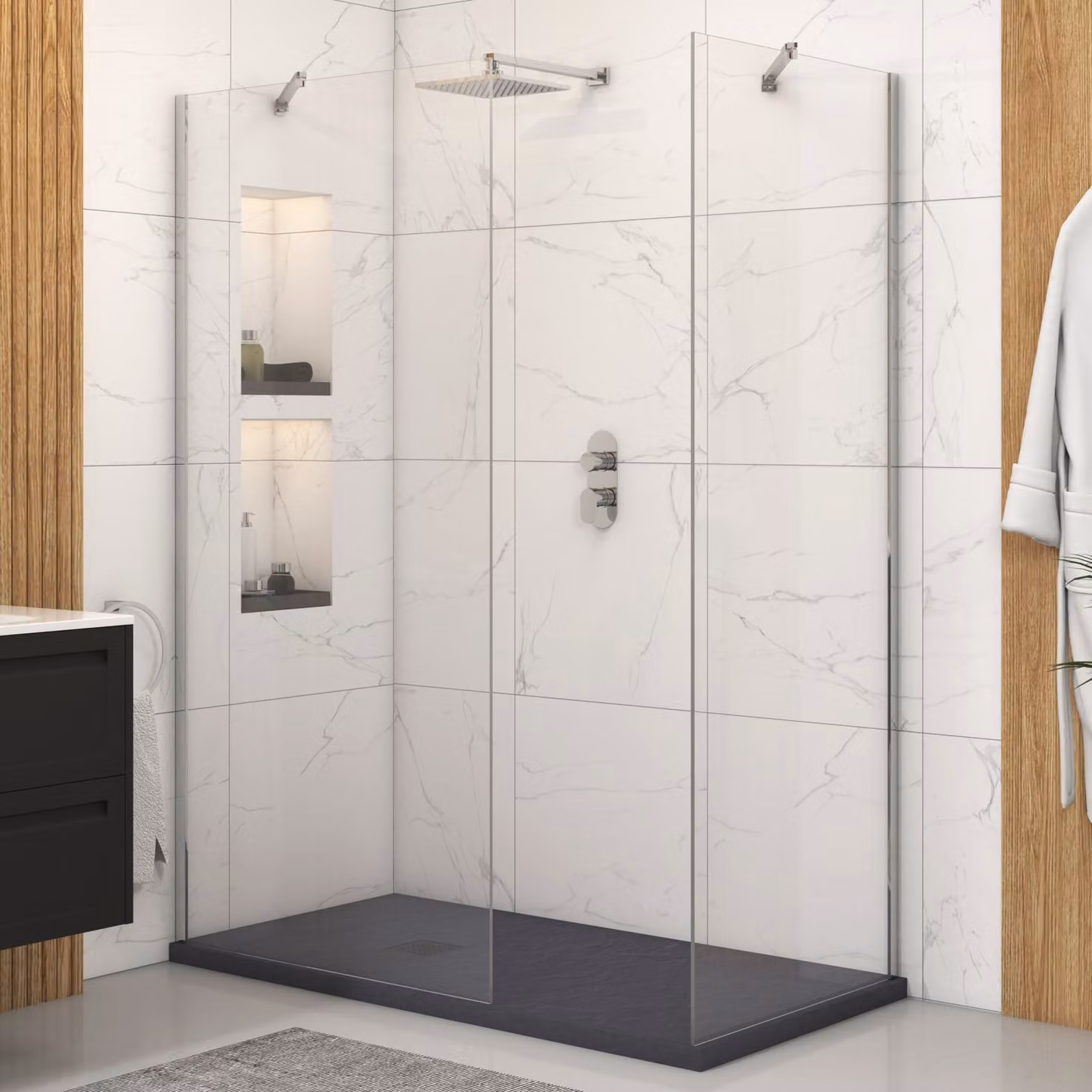 Royal Bathrooms Marbella Walk In Shower Enclosure with Grey Slate Effect Mineral Cast Stone Tray, W: 120 cm, D: 70 cm, 8mm Easy Clean Glass