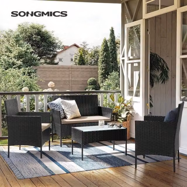 SONGMICS Modern Black PE Rattan Garden Furniture Set with Metal and Glass Details