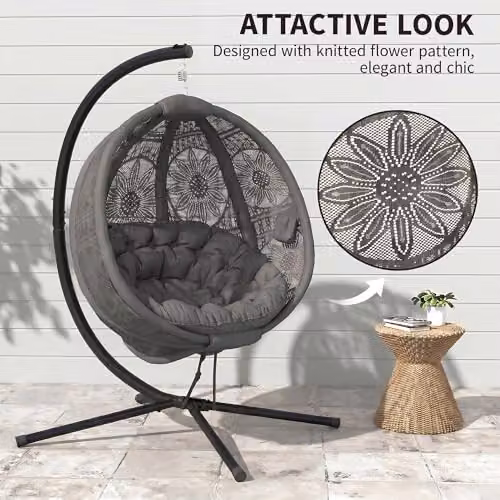 Outsunny Egg Hanging Swing Chair with Metal Stand and Side Pocket in Grey – 4