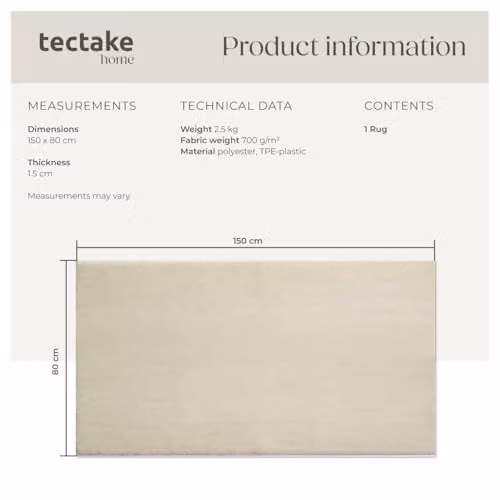 tectake Zonelle Fluffy Rug in Beige, Allergy-Friendly and Washable Short-Pile Polyester Carpet, W: 80 cm, L: 150 cm – 2