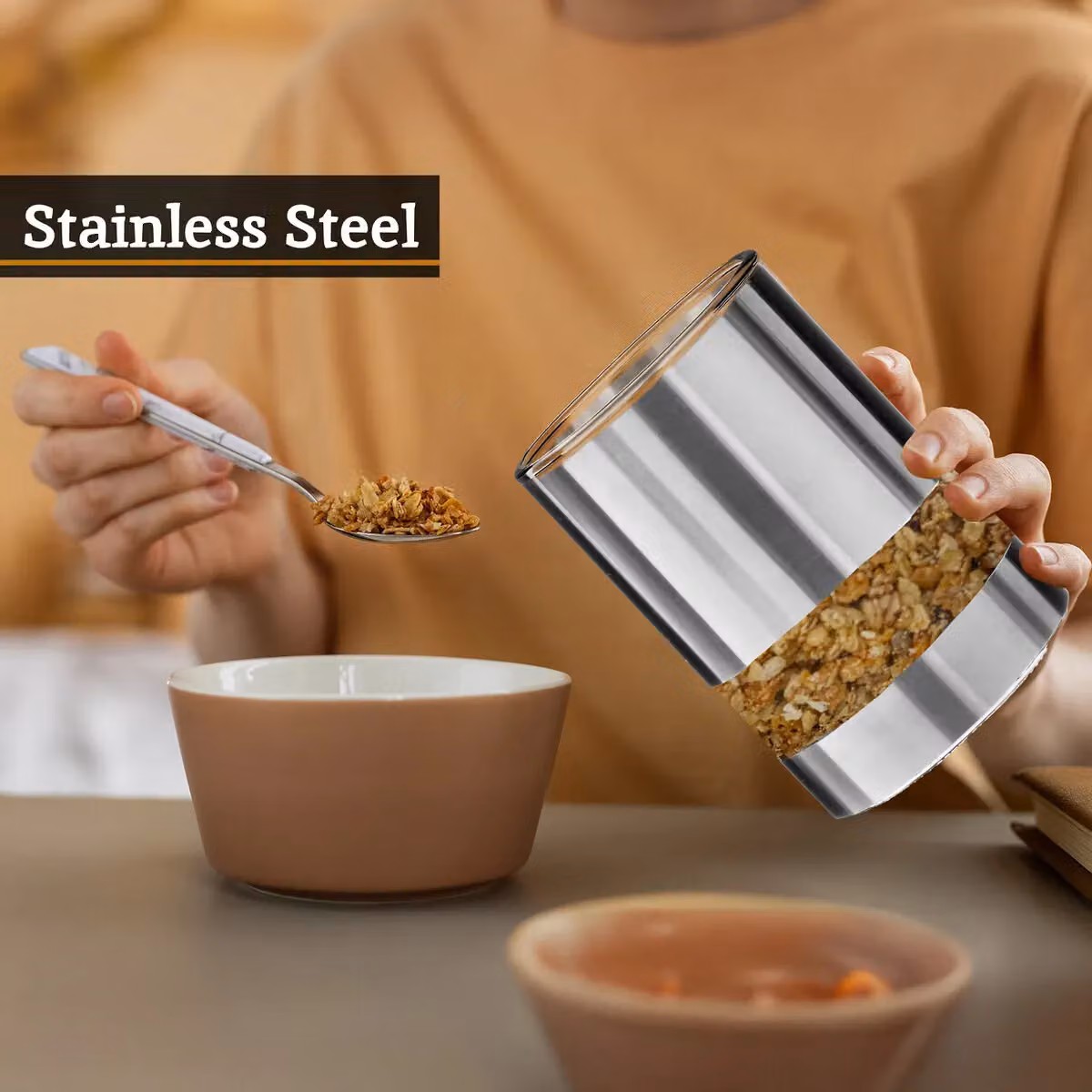 Orsina Stainless Steel and Glass Airtight Storage Jar, 1000ml, Silver – 3
