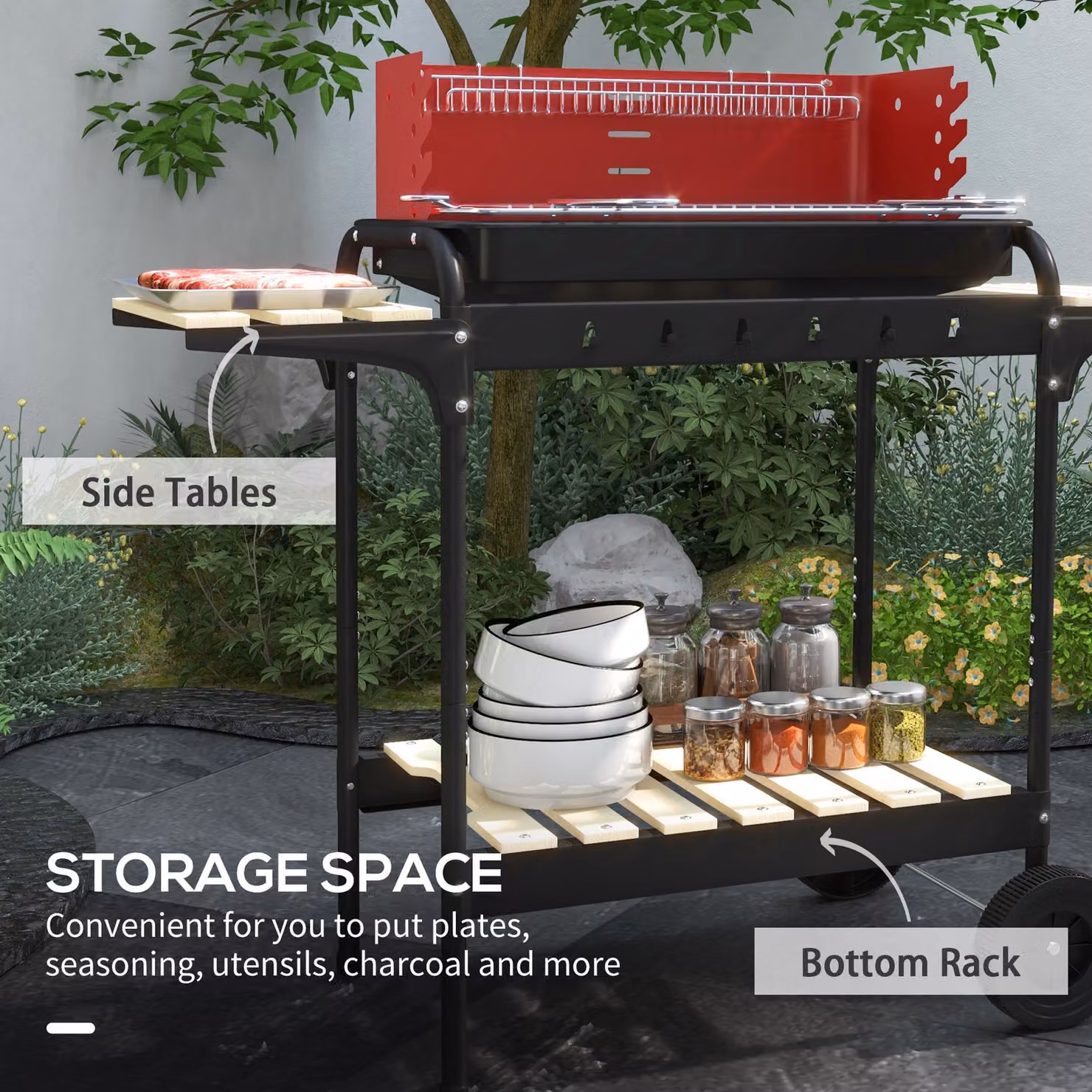 Outsunny 5-Level Charcoal Barbecue Grill Trolley with Warming Rack and Wheels, Red – 6