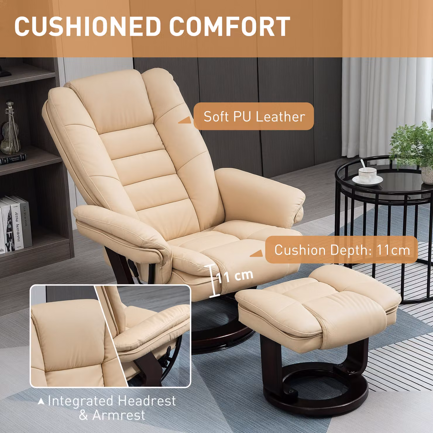HOMCOM Reclining Lounge Chair with Footstool in Beige Faux Leather – 6