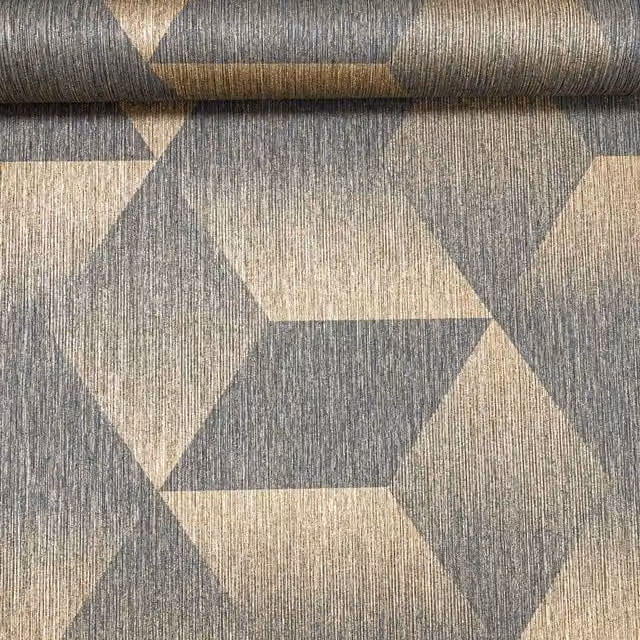 Rasch Geometric 3D Effect Cube Metallic Gold and Charcoal Shadow Shimmer Wallpaper in Grey