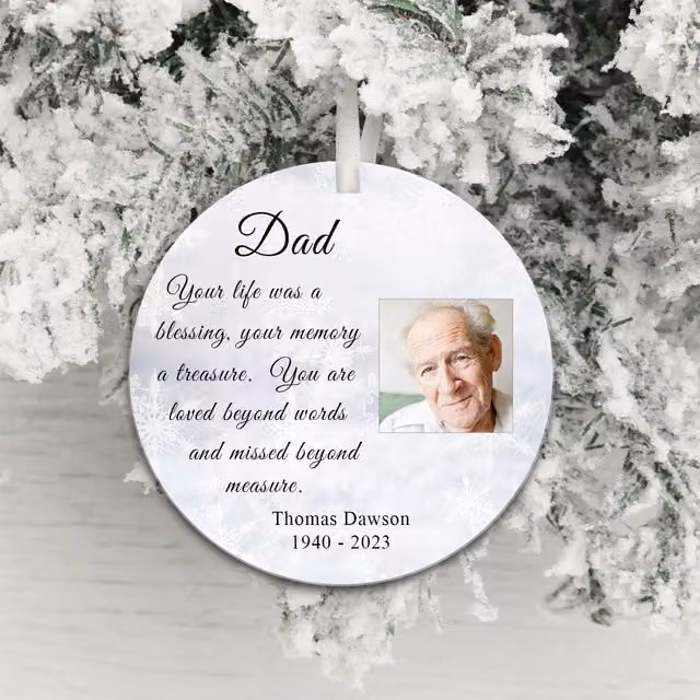 Uniqueful Personalised In Memory Photo Decoration White Round Hanging Pendant with Text Lettering and Snowflake Design
