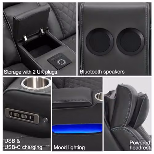 More4Homes Capri 2 Seater Electric Recliner Sofa in Charcoal with Bluetooth Speakers, LED Lighting and USB Charging – 4