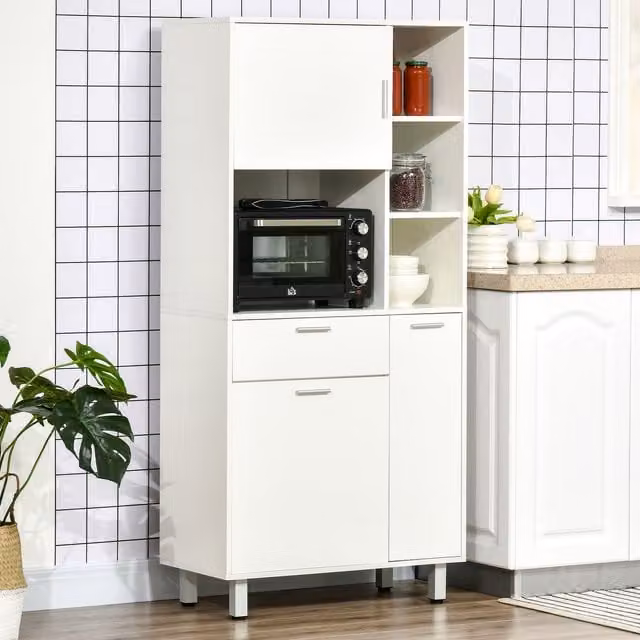 HOMCOM Modern Freestanding White Kitchen Storage Unit with Hinged Doors and Internal Drawers