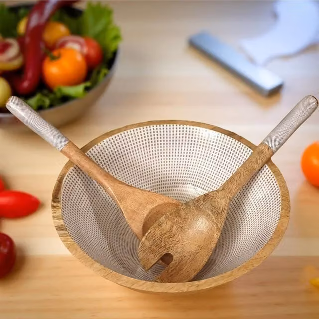 Hartsmede Geometric Handmade Wooden Serving Bowl with Spoons, 3L, Grey or Blue – 1