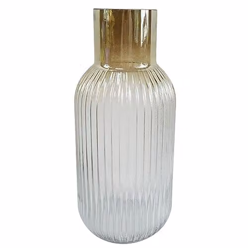 Leaf Modern Striped Glass Tabletop Vase in Brown and Transparent, H 34.0 cm x W 16.0 cm x D 16.0 cm