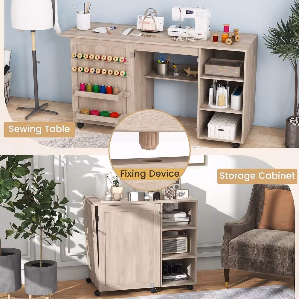 Costway Folding Sewing Table and Rolling Craft Station with 18 Pegs in Natural Wood and Beige – 3