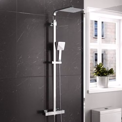 Nes Home Modern Exposed Thermostatic Mixer Shower Set with Overhead and Handheld Shower Head, Chrome – 1