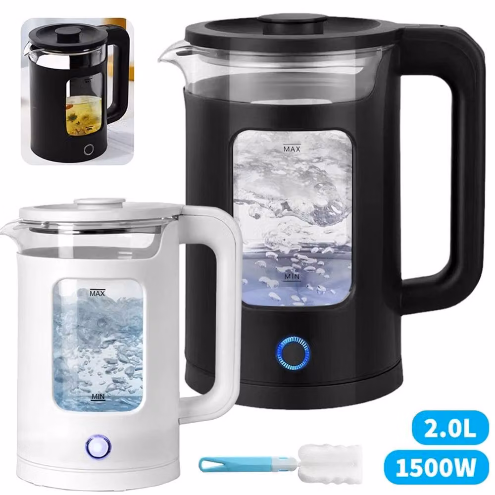 NESTLUNE White and Black 2L Glass Electric Rapid Boil Kettle with 1500W Power and Auto Shut-off – 2