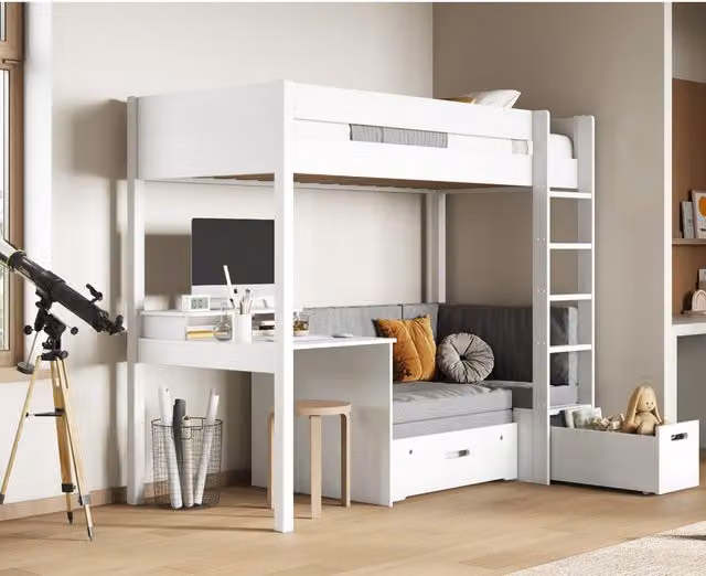 Noomi Tapio White Highsleeper Bed with Grey Cotton Futon and Drawers