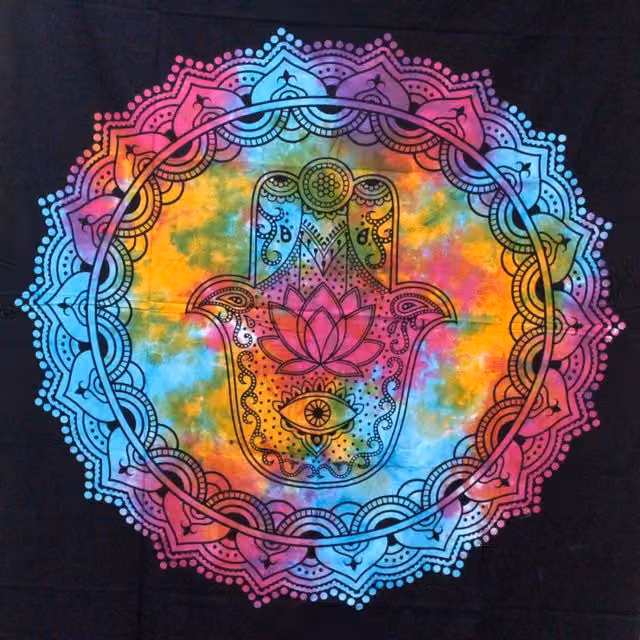 KDMK Black and Multicolour Hamsa Cotton Bedspread and Wall Hanging