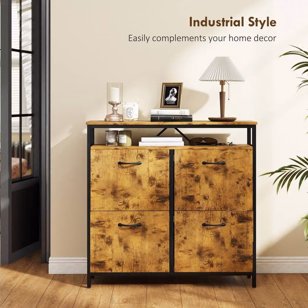 FORGEVIO Industrial Shoe Cabinet with 4 Tilting Compartments and Open Shelf, Rustic Brown and Black – 3