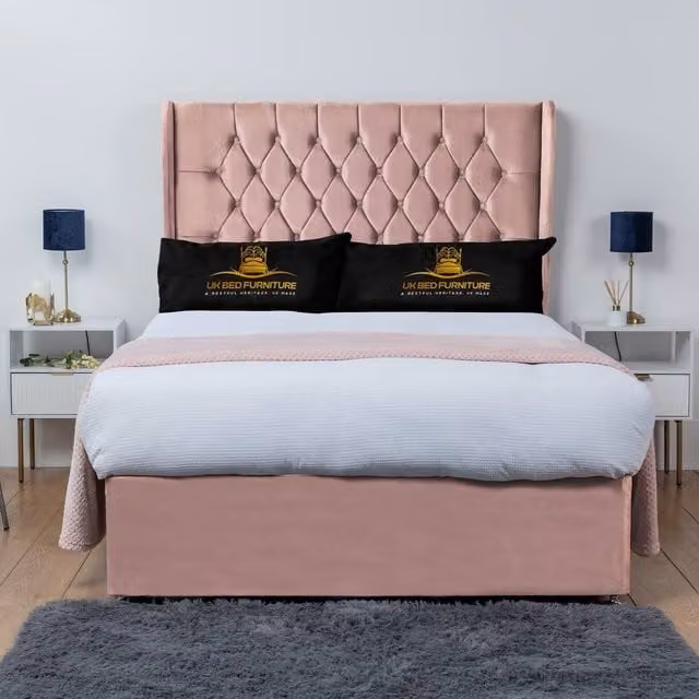 UK Bed Furniture Mary Winged Divan Bed Base with 54 Inch Buttoned Headboard in Pink Velvet, W/D/H: 90 x 200 cm