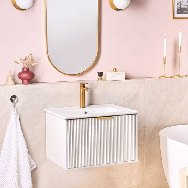 Wyld and Coco White Wall Mounted Vanity Unit with Ceramic Basin and Fluted Front, Width: 60 cm