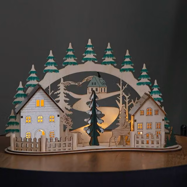 Samuel Alexander Battery Operated Light Up Christmas Wooden Reindeer Village Scene in Brown and White, 19 cm – 2